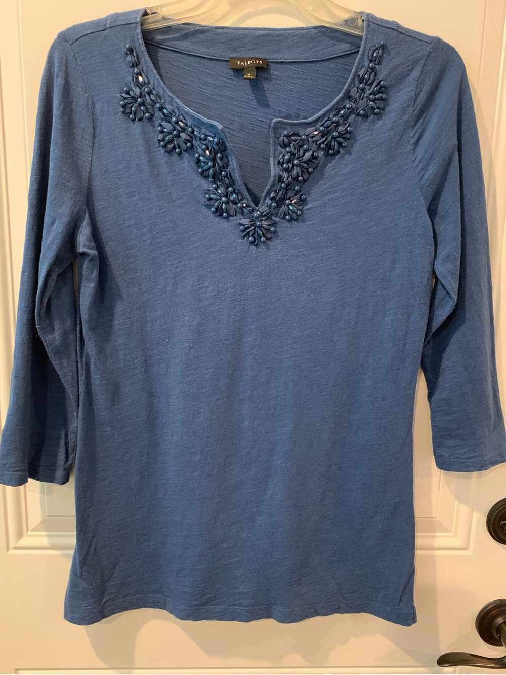 Talbots Blue 3/4 Length Sleeve V-Neck Top with Beaded Trim - Picture 1 of 5